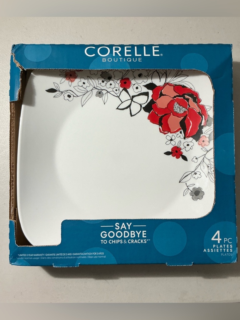 Corelle White Dinner Plate with Red and Black Floral Design